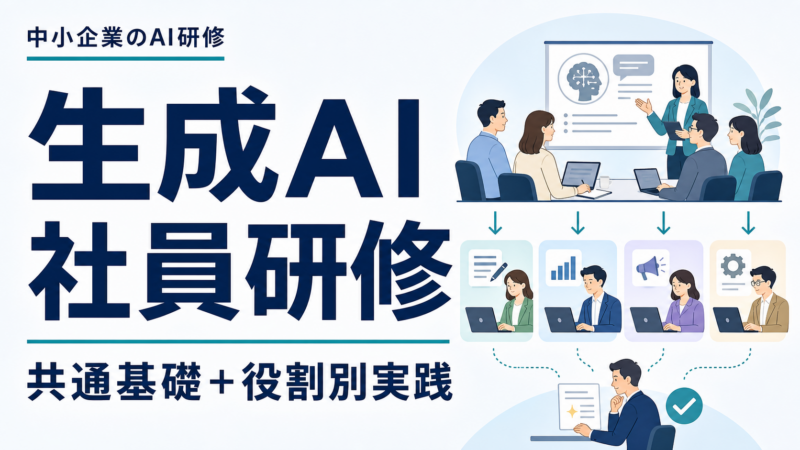 生成AIの社員研修で共通基礎と役割別実践を学ぶことを示すサムネイル