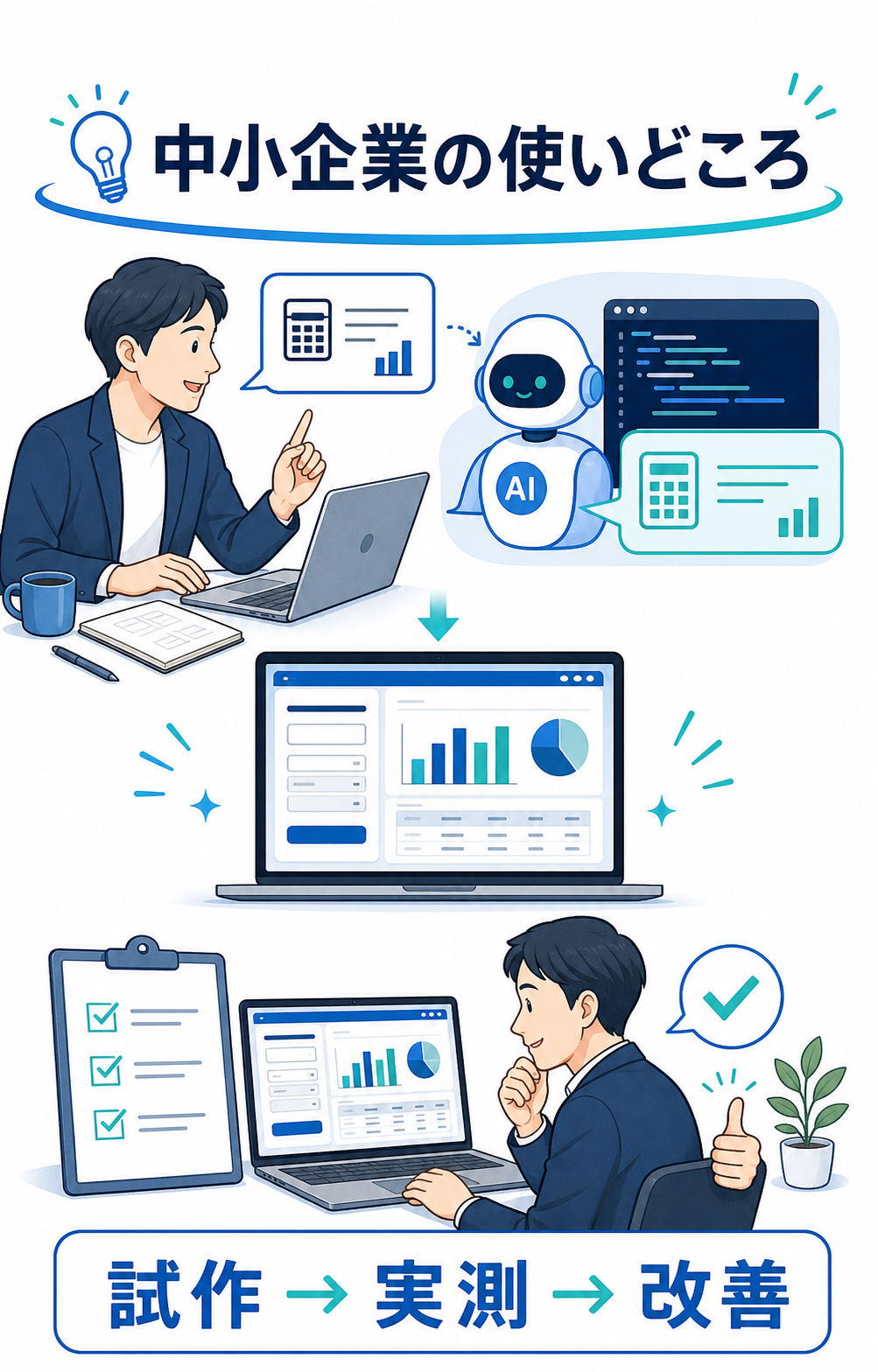 中小企業がGrok 4.6で社内ツールを試作する場面のイラスト