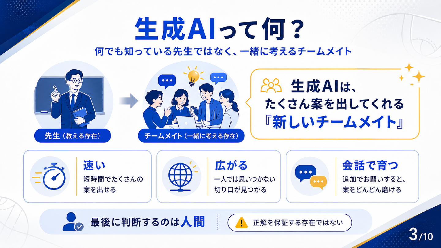 生成AIを先生ではなく一緒に考えるチームメイトとして捉える説明