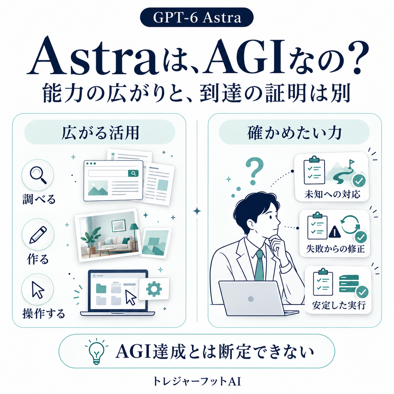 Astraの活用範囲の広がりとAGI達成の証明を分けて考える図