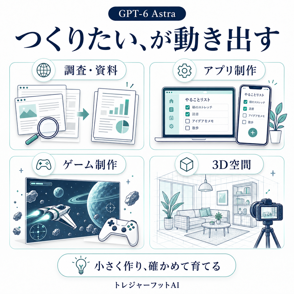 調査・資料、アプリ制作、ゲーム制作、3D空間というAstraの活用例