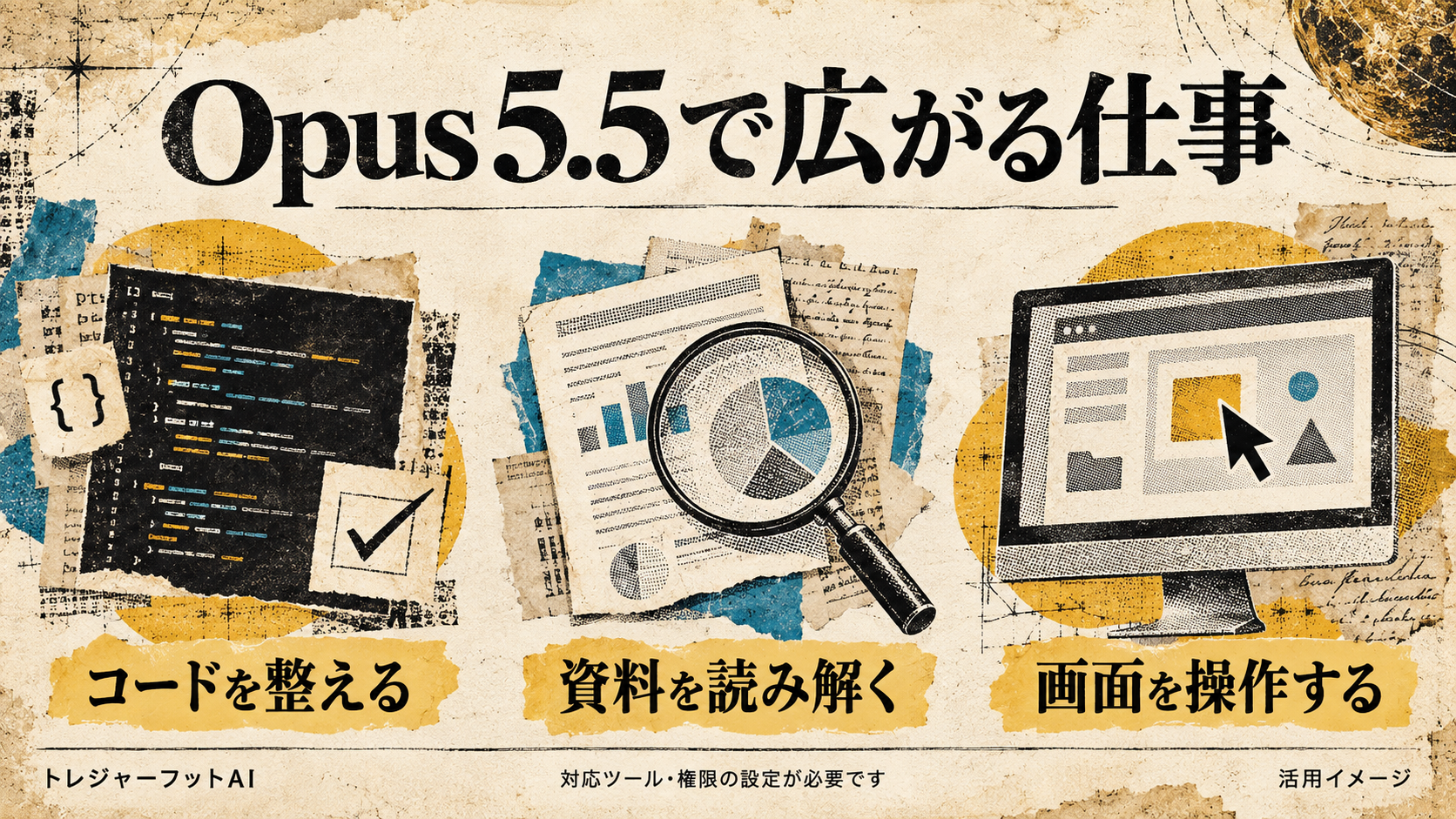 コード修正・資料分析・画面操作の三つの活用を表したコラージュ調の解説画像
