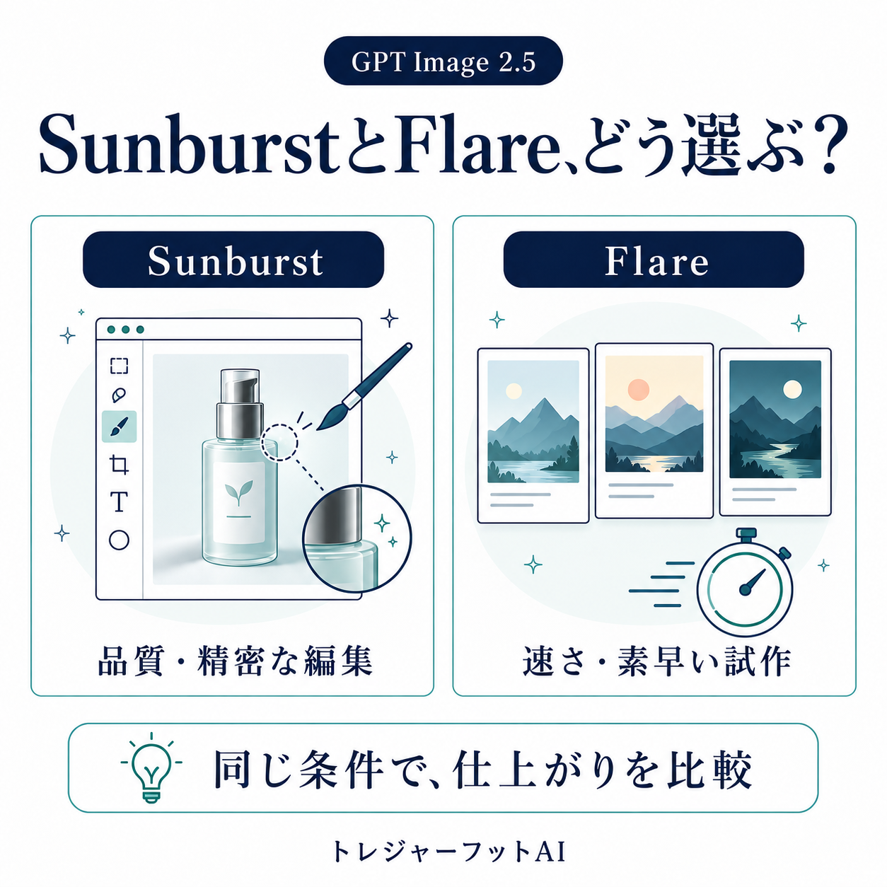 品質と精密編集のSunburst、速さと試作のFlareを比較する図