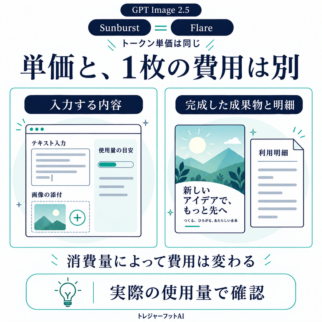 SunburstとFlareの単価は同じでも消費量によって画像の費用は変わることを示す図
