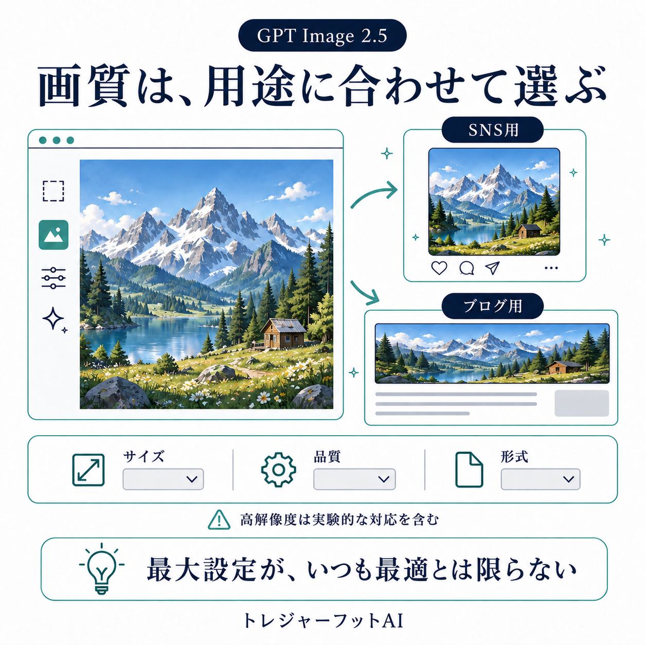 SNSやブログの用途に合わせて画像のサイズ・品質・形式を選ぶ図