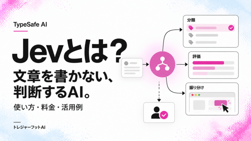 Jevの使い方・料金・活用例。白・黒・ピンクを基調とし、分類・評価・振り分けを図解した記事サムネイル。
