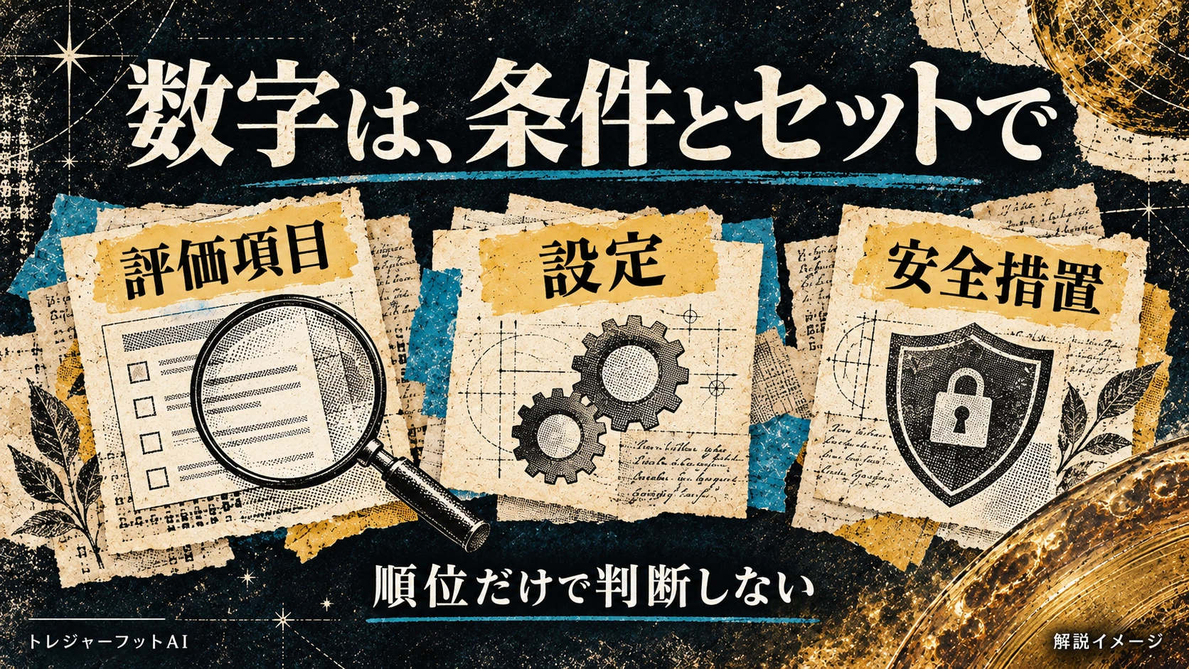 ベンチマークを評価項目・設定・安全措置と合わせて読むことを表した画像