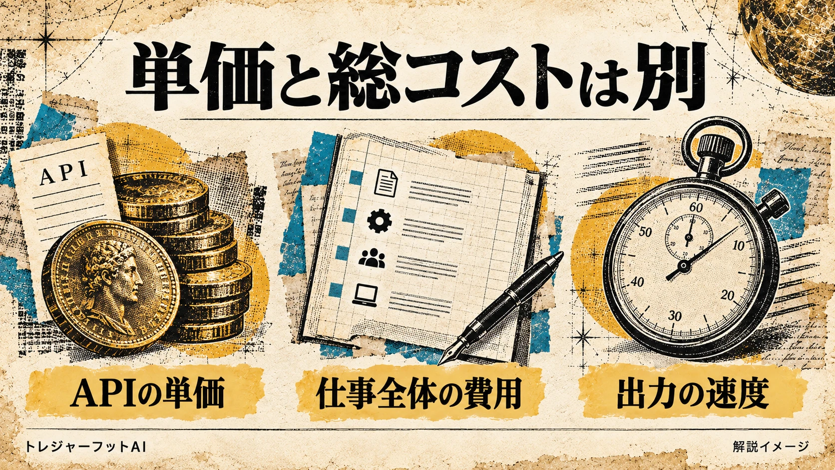 API単価・仕事全体の費用・出力速度は別の指標であることを示す画像