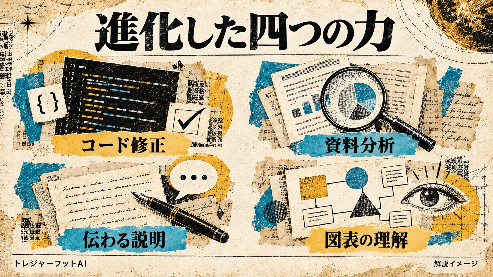 コード修正・資料分析・説明・図表理解という四つの進化点を示す解説イメージ