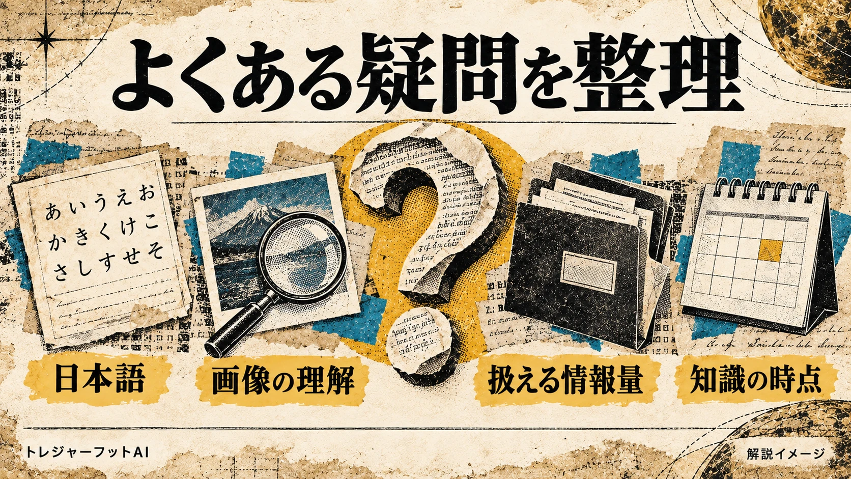 日本語・画像の理解・扱える情報量・知識の時点というFAQの論点を表した画像