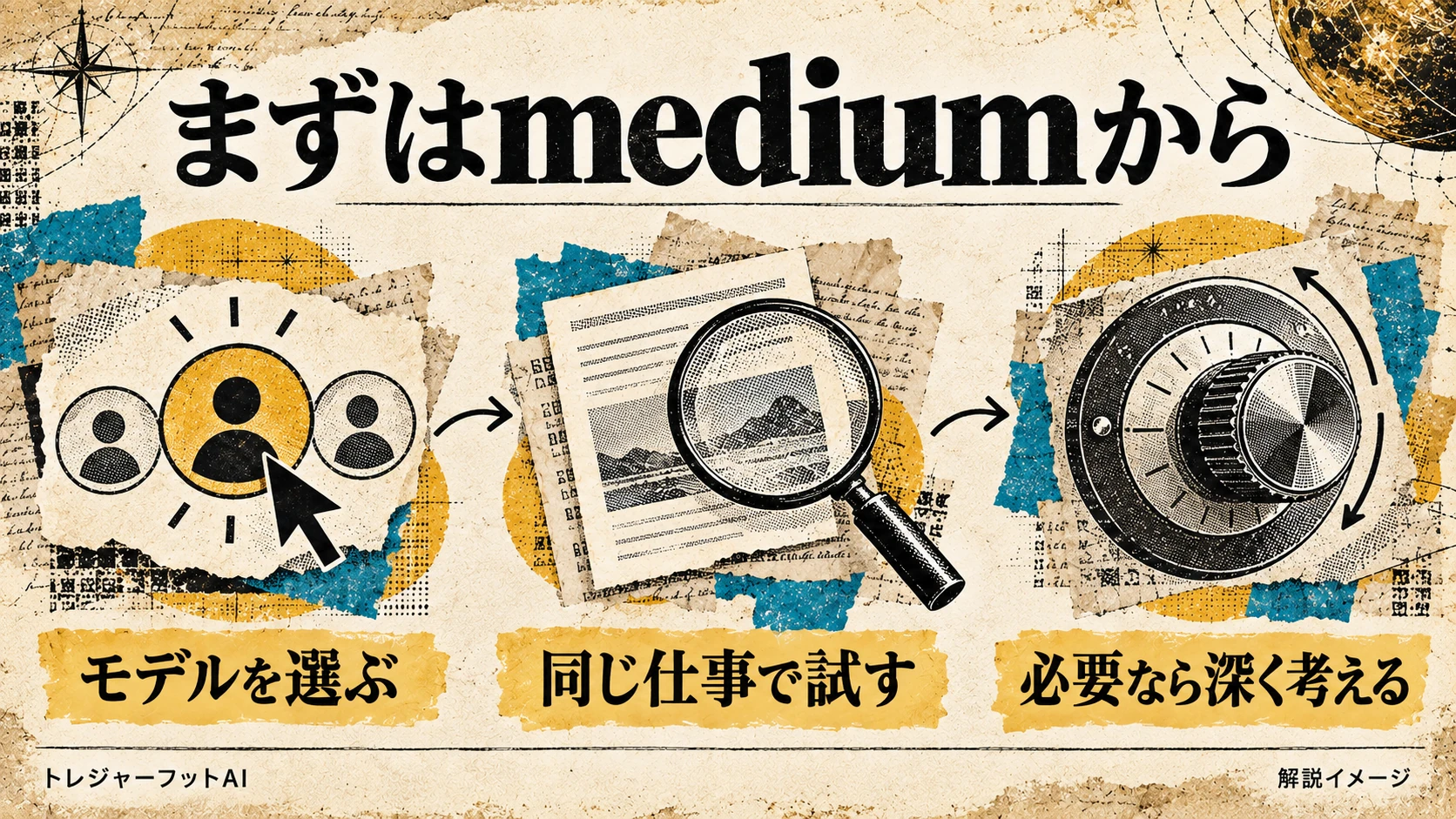 モデル選択・同じ仕事での試用・必要に応じた思考の調整を表した画像
