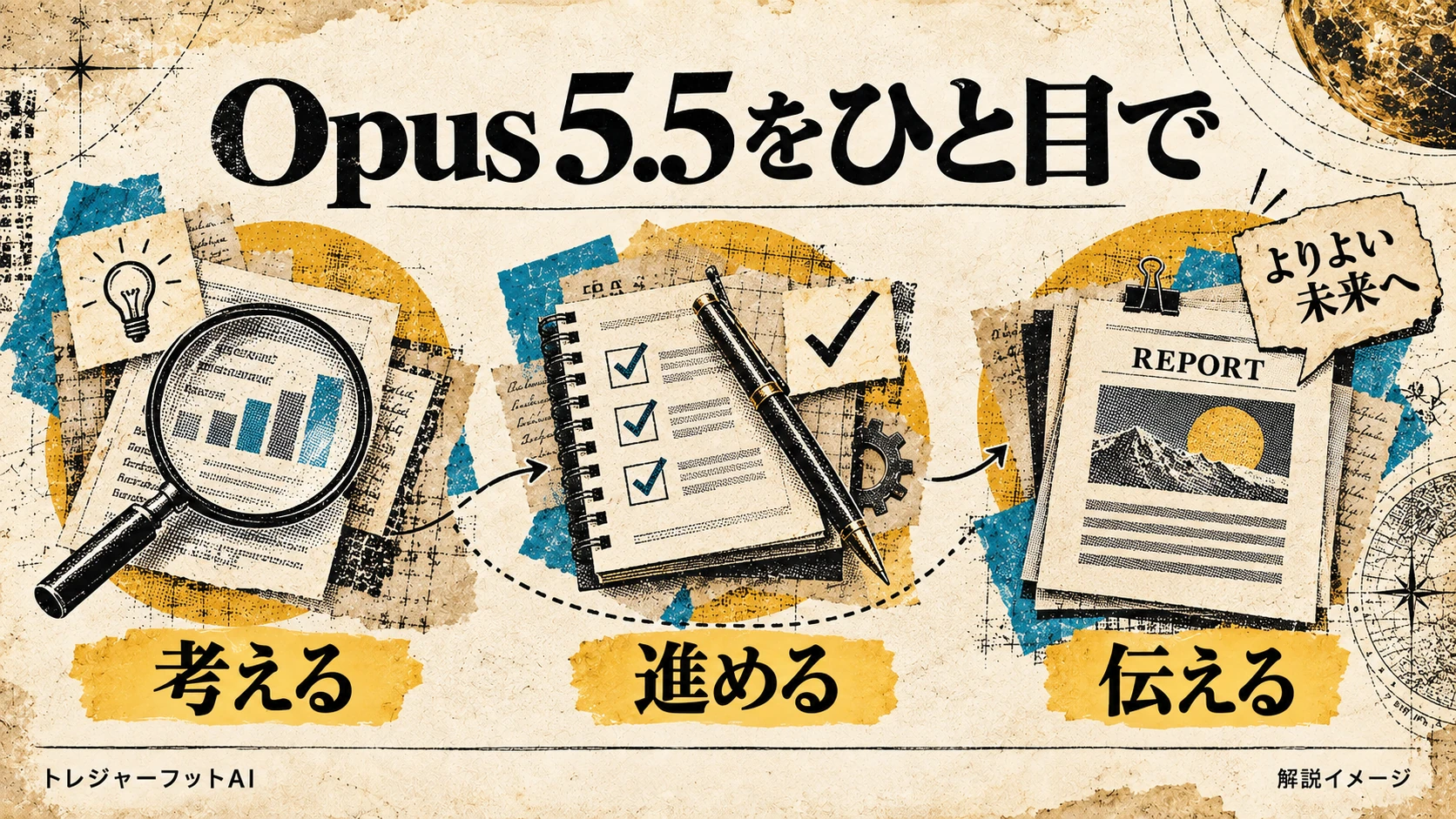 Claude Opus 5.5の考える・作業を進める・結果を伝える特徴を表した解説イメージ