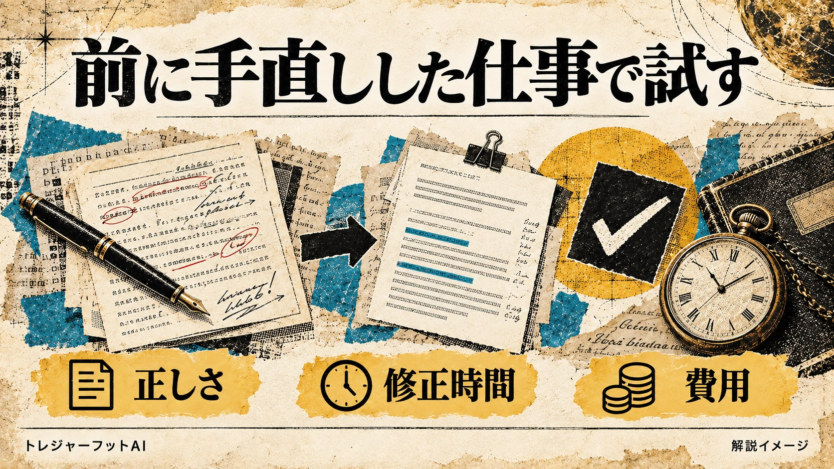 過去の仕事を使って正しさ・修正時間・費用を確認する試し方を表した画像