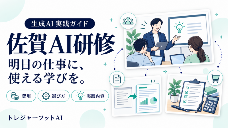 佐賀AI研修の費用・選び方・実践内容を、研修風景や資料作成のイラストで紹介する横長サムネイル