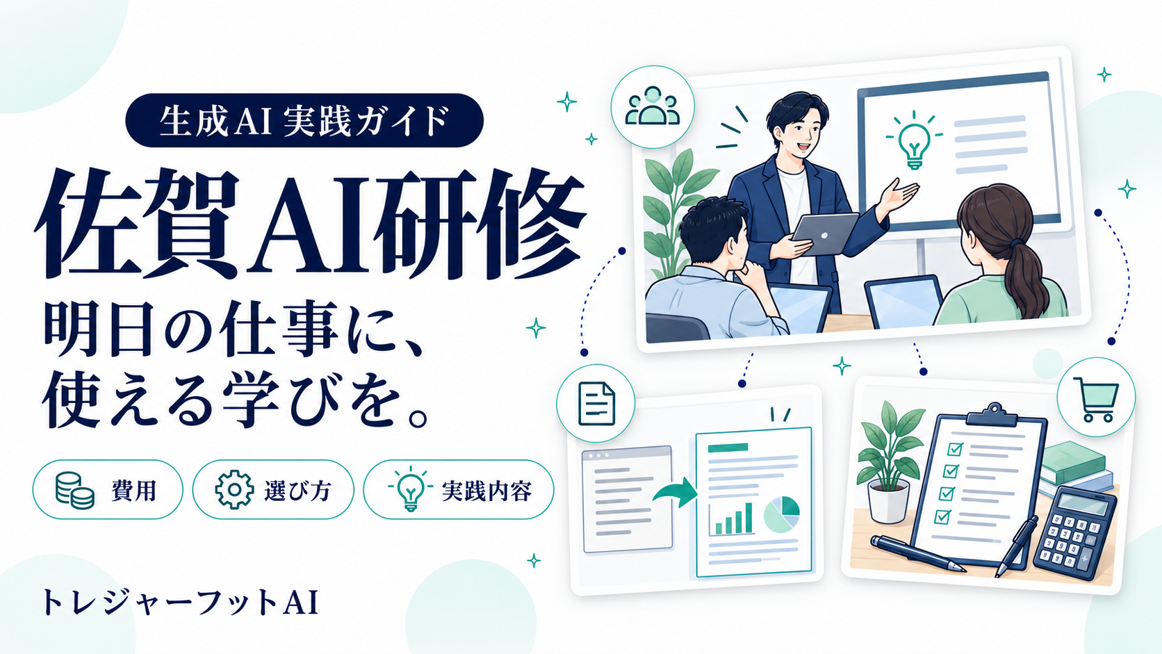 佐賀AI研修の費用・選び方・実践内容を、研修風景や資料作成のイラストで紹介する横長サムネイル
