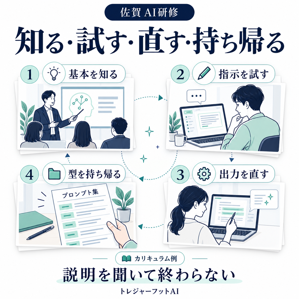 生成AI研修を知る・試す・直す・持ち帰るの四段階で進めるカリキュラム例