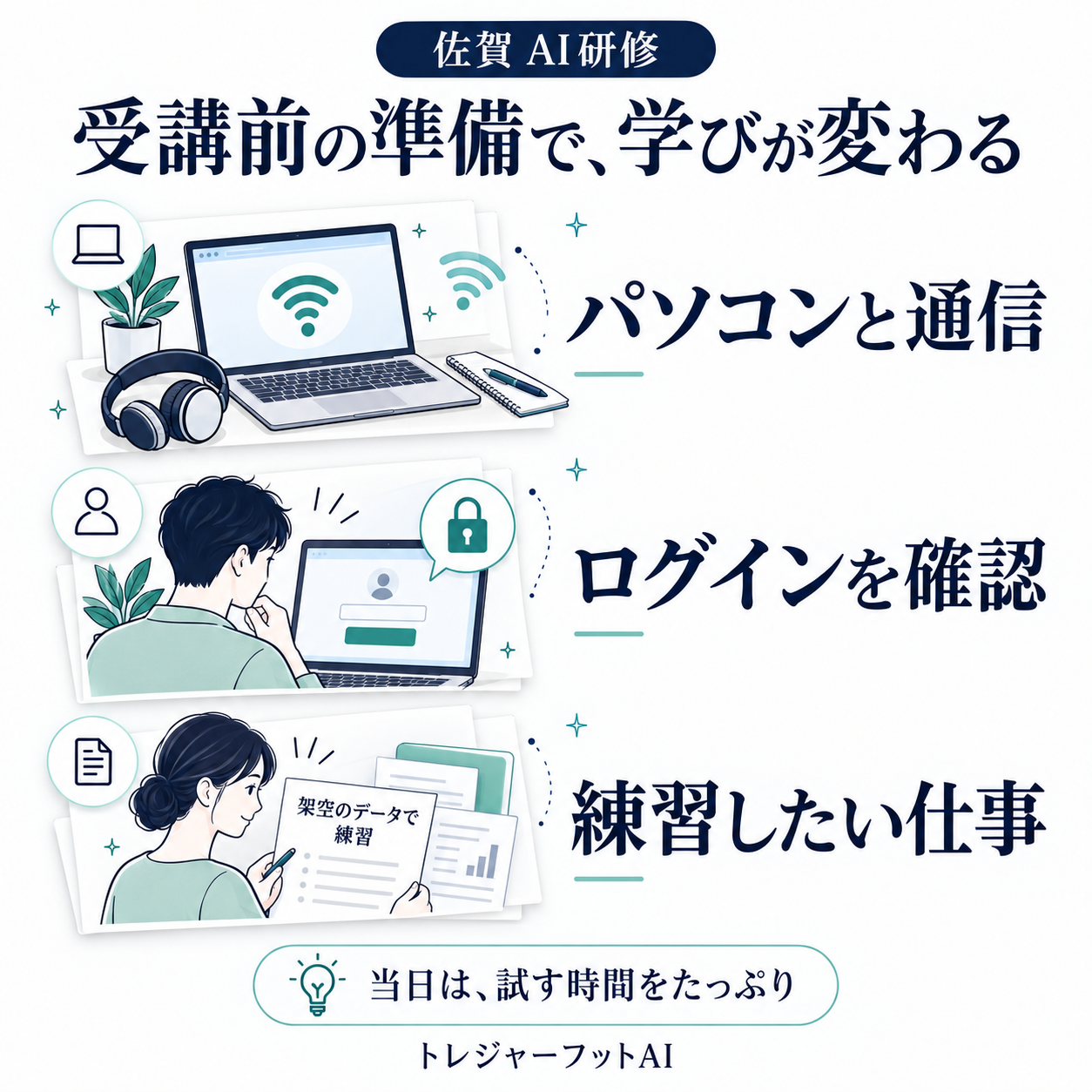 AI研修の受講前にパソコン・アカウント・練習する題材を確認する準備チェック図